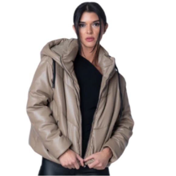 Daniela Cortez Eco Leather Puffer Jacket with Hood in Cognac - Picture 6 of 14